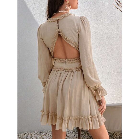 SHEIN Casual Vcay Frill Trim Flare Sleeve Ruffle Hem Dress Army Green Large Boho - Picture 12 of 15